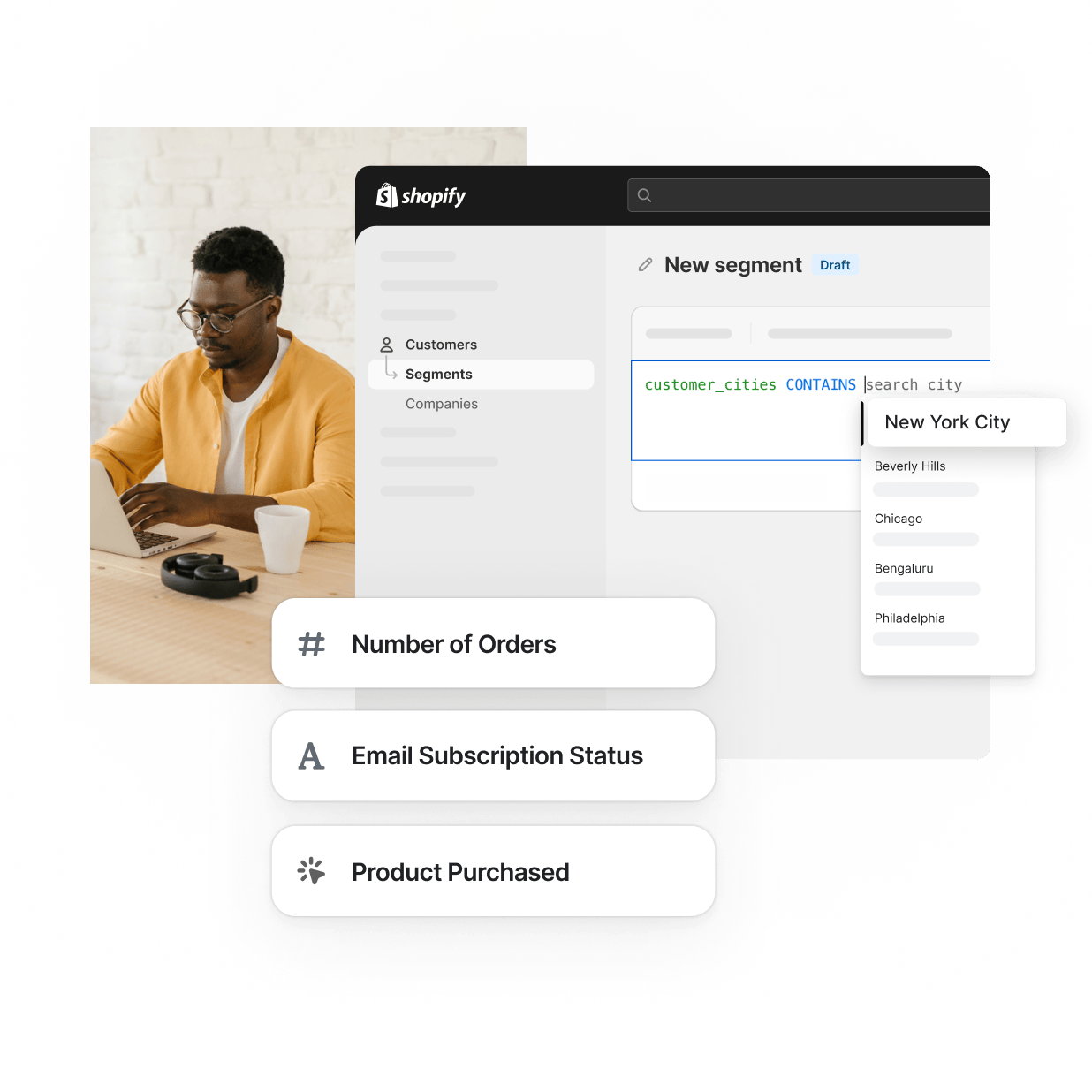 Shopify segmentation builder showing the criteria “city contains ‘New York City.’”