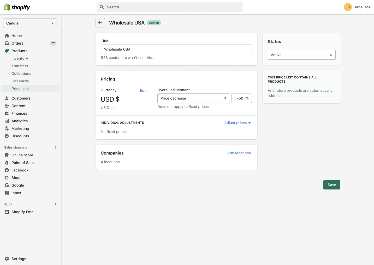 Shopify interface showing custom price lists for wholesalers in the US.