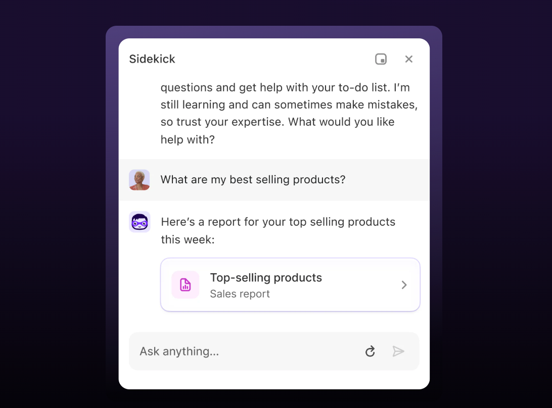 Shopify Sidekick conversation asking the AI assistant to pull a report of bestselling products.