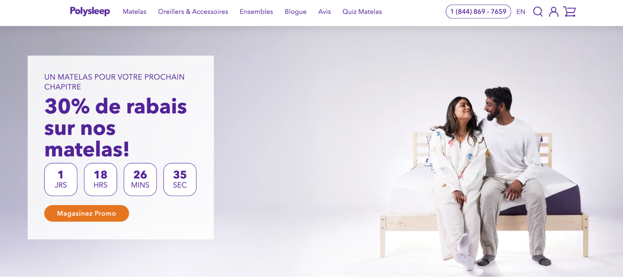 Polysleep’s homepage showing a 30% off sale with the copy translated to French.