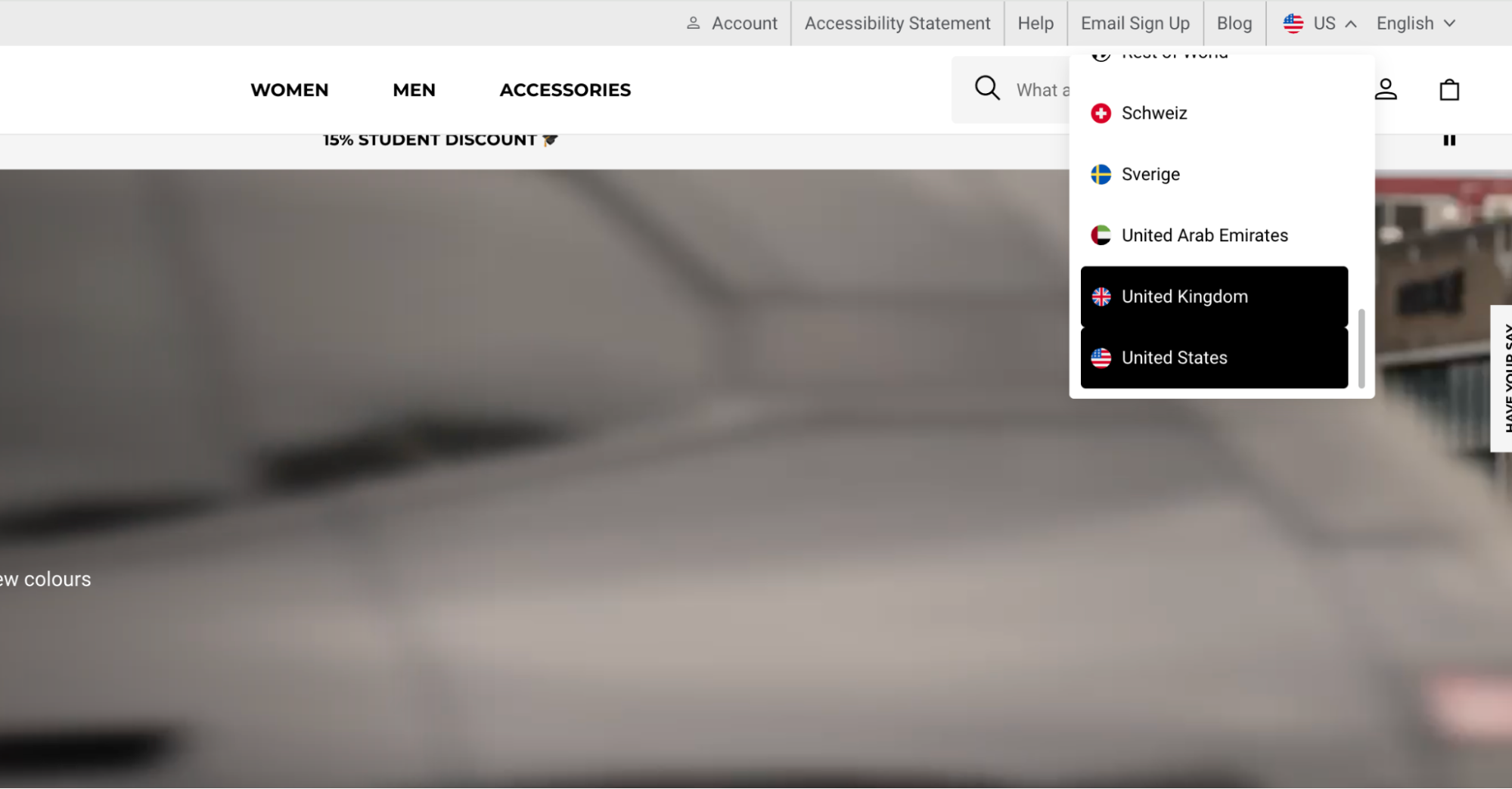 Dropdown menu to show Gymshark’s localized storefronts, including the US and UK.