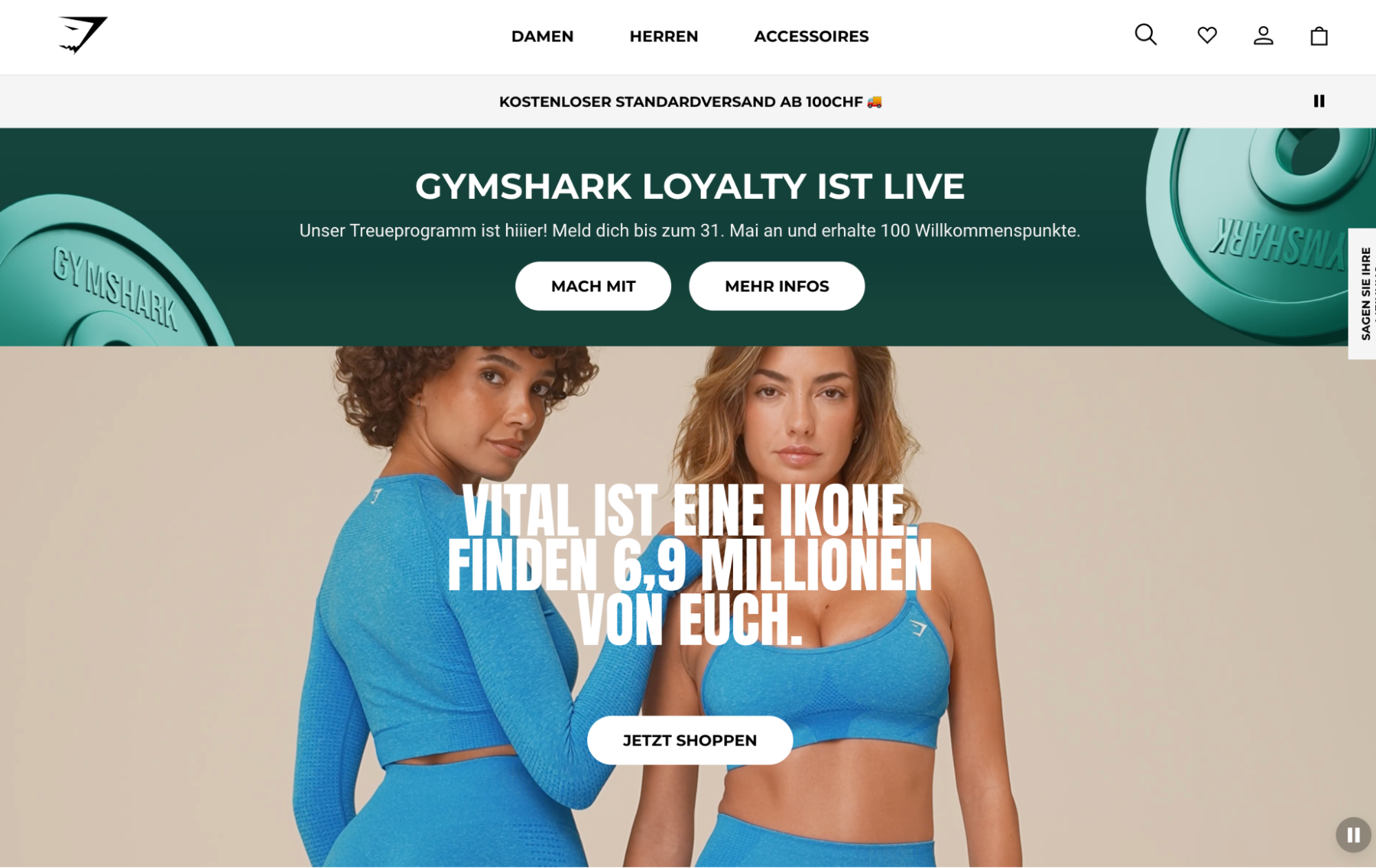 Gymshark Swiss German site loyalty banner in German with CHF threshold.