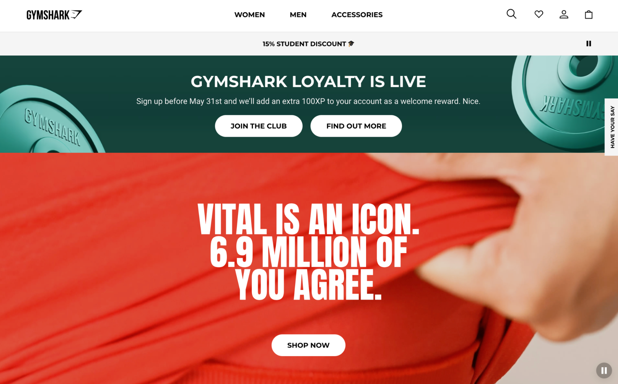 Gymshark UK site hero with student discount banner.