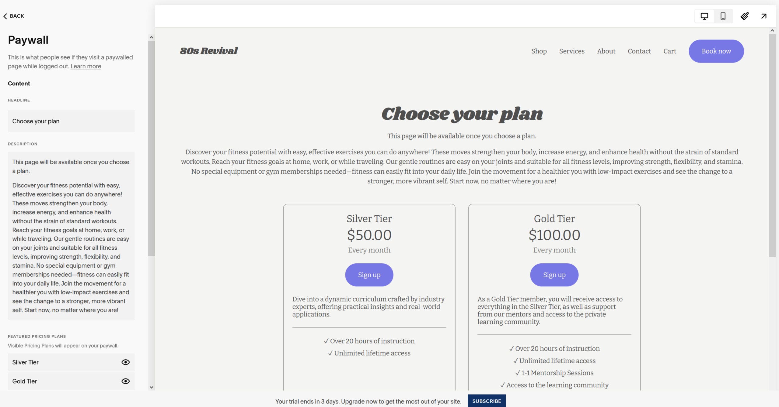 Screenshot of Squarespace's blog paywall feature.