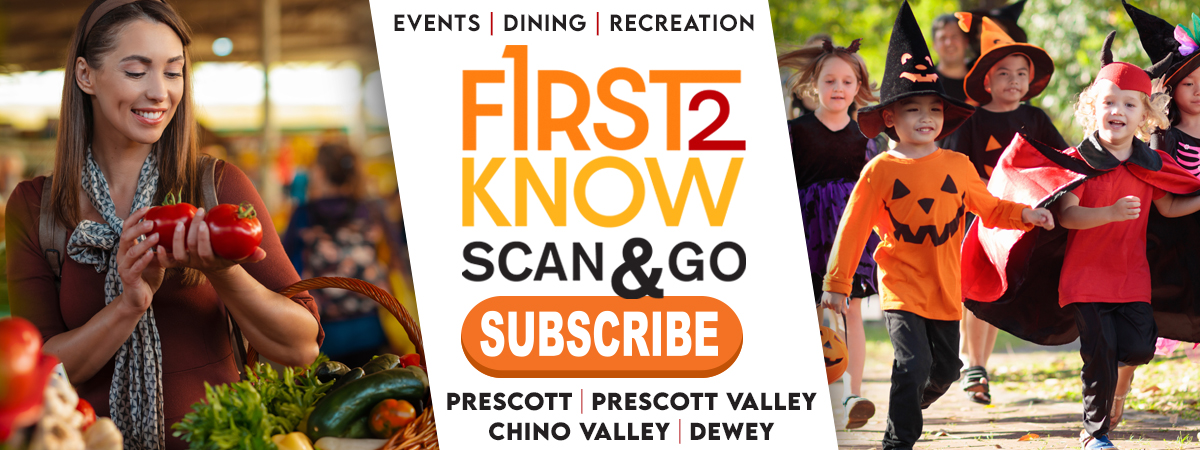 Trick or treaters on right side, "First2Know, Scan & Go Subscribe" written in middle, with a lady looking at fresh produce on left