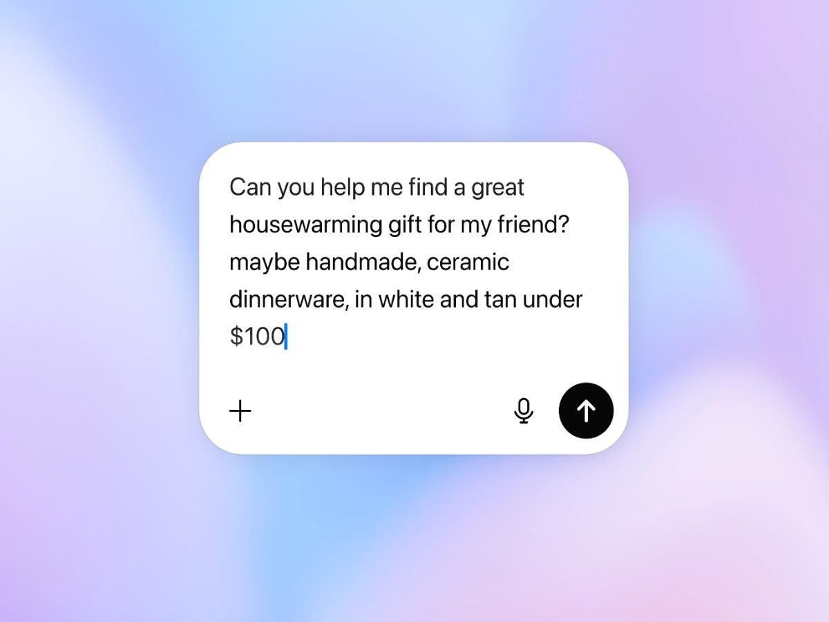 A ChatGPT conversation window showing a user asking for help finding a handmade ceramic housewarming gift under $100, illustrating OpenAI’s new Instant Checkout shopping capability.