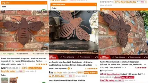 Temu A composite taken by Louise Banham showing three selling sites on Temu. Each one shows a rusty flat bumble bee with wings outspread. The one on the left is against a brick wall, the one in the middle is resting on a sideboard and the one on the right is also attached to a brick wall. Underneath each photograph is information on the object with prices. 