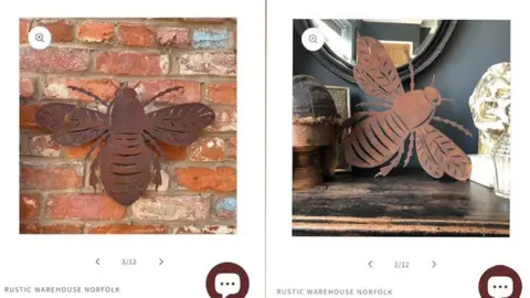 Rustic Warehouse Norfolk Two photographs taken from Rustic Warehouse Norfolk website. On the left shows a large rusty bee with outstretched wings against a brick wall; on the right is a large rusty bee with outstretched wings resting on a sideboard, against a black wall with a mirror above and other objects next to it. Beneath each image it says Rustic Warehouse Norfolk. 