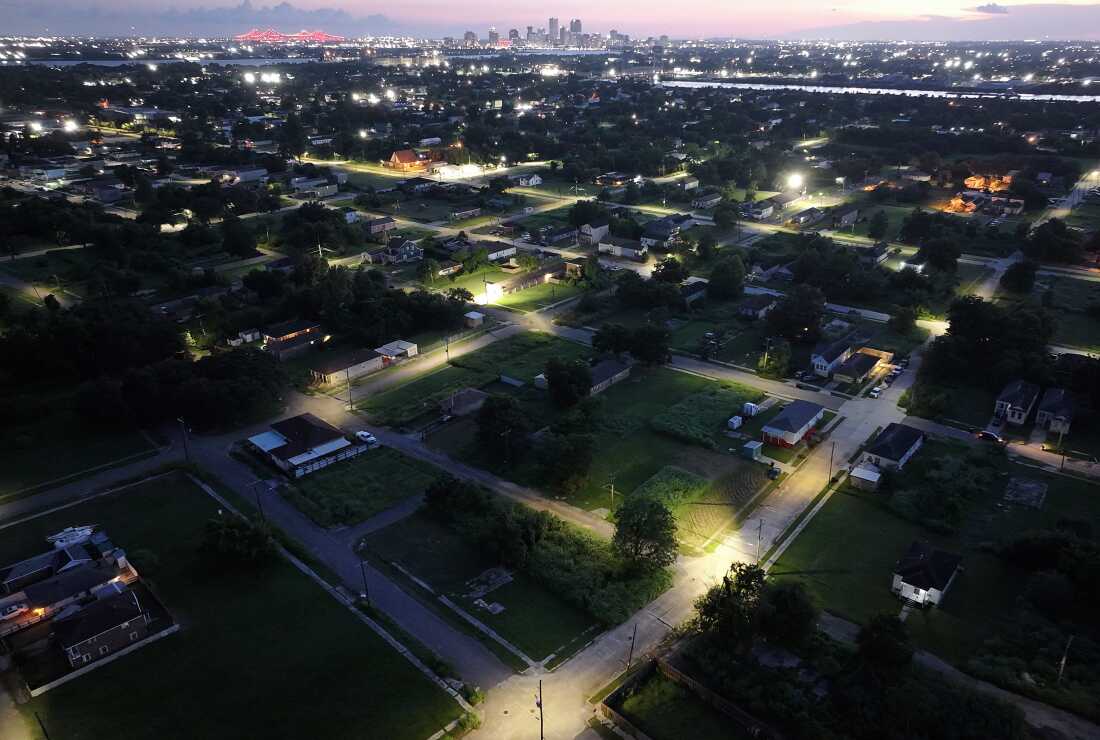 An aerial view of rebuilt homes amid vacant lots where homes once stood in the Lower Ninth Ward on Aug. 09, 2025, in New Orleans. Twenty years after Hurricane Katrina swamped New Orleans and the Gulf Coast region flooding out thousands of homes and killing more than 1,400 people.