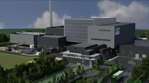 Viridor/Terence O'Rourke An image of what the new facility could look like. It shows several grey blocks making up the incinerator. There are very few windows. In front are rows of trees bordering a car park and access road.