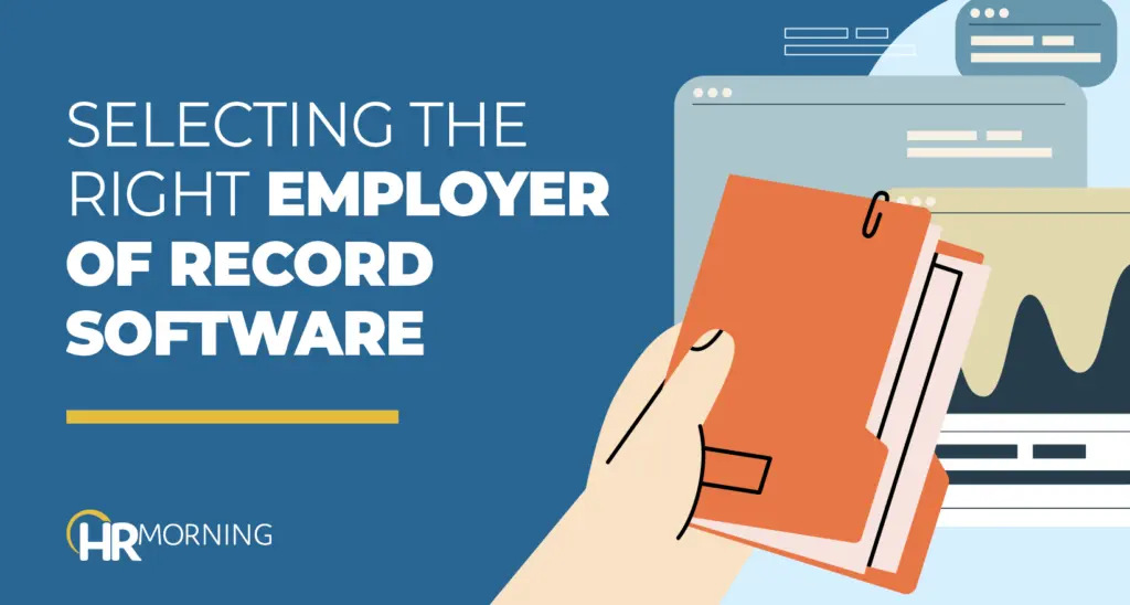 Illustration of a hand holding business files in front of digital dashboards, symbolizing research and comparison when selecting the right Employer of Record software. Visual for HR Morning article on evaluating EOR platforms to streamline HR compliance, onboarding, and global workforce management.