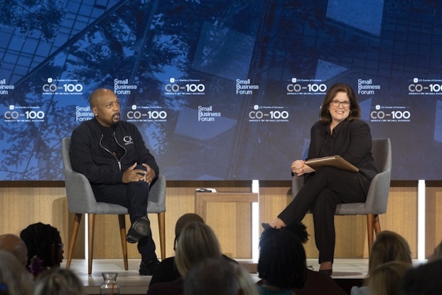  Daymond John and Suzanne Clark in an interview on stage at the U.S. Chamber headquarters in Washington, DC.