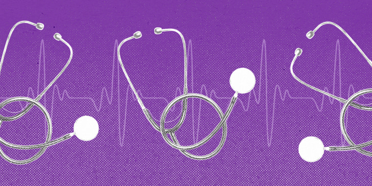 Several stethoscopes against an EKG line, on a purple background.