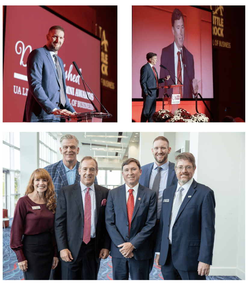Two men speak during an awards ceremony. A group of people pose for a photo.