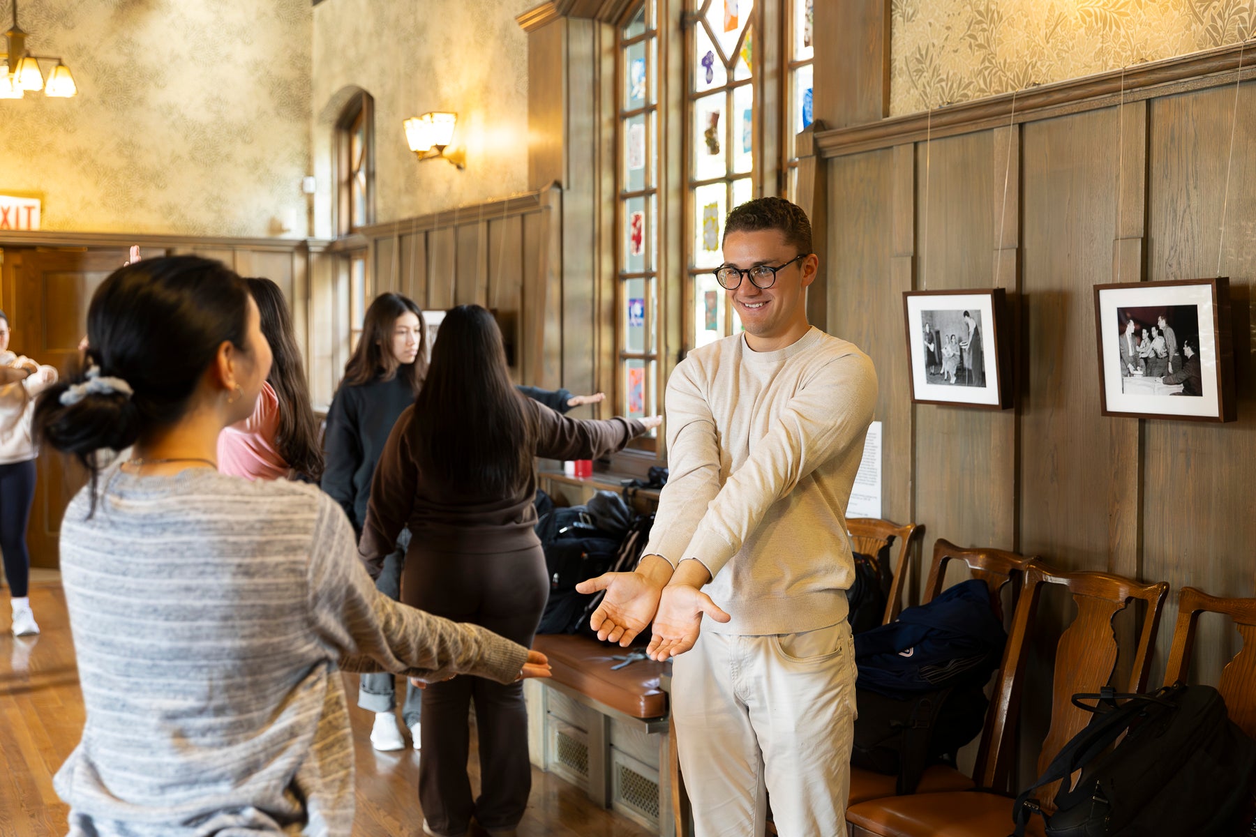 Mark Gnatyuk (Right) takes part in improv game for Business 420 class.
