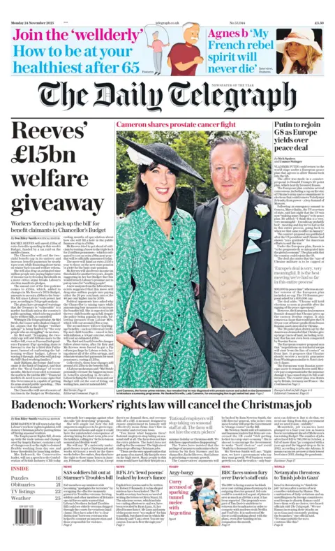 "Reeves' £15bn welfare giveaway: Workers 'forced to pick up the bill' for benefit claimants in Chancellor's Budget," reads the headline on the front page of the Daily Telegraph.