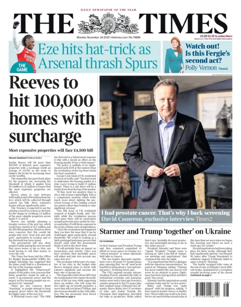 "Reeves to hit 100,000 homes with surcharge," reads the headline on the front page of the Times.