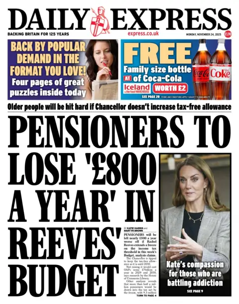 "Pensioners to lose £800 a year in Reeves' Budget," reads the headline on the front page of the Daily Express.