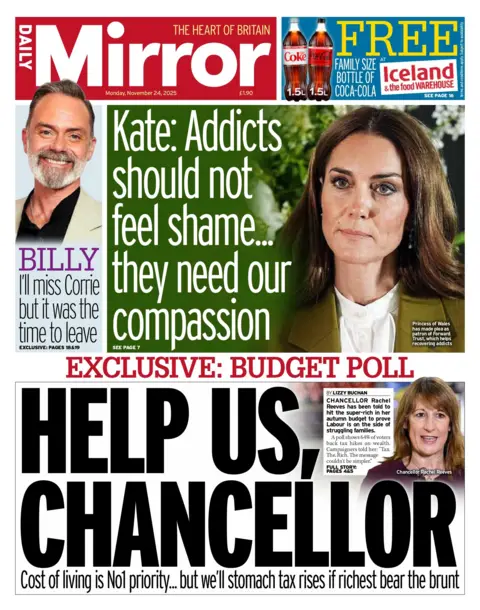 "Help us, Chancellor: Cost of living is No1 priority... but we'll stomach tax rises if richest bear the brunt", says the headline on the front page of the Daily Mirror.
