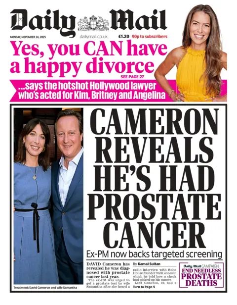 "Cameron reveals he's had prostate cancer: Ex-PM now backs targeted screening," writes the Daily Mail in its front page headline, accompanied by a photo of David Cameron and his wife Samantha Cameron.