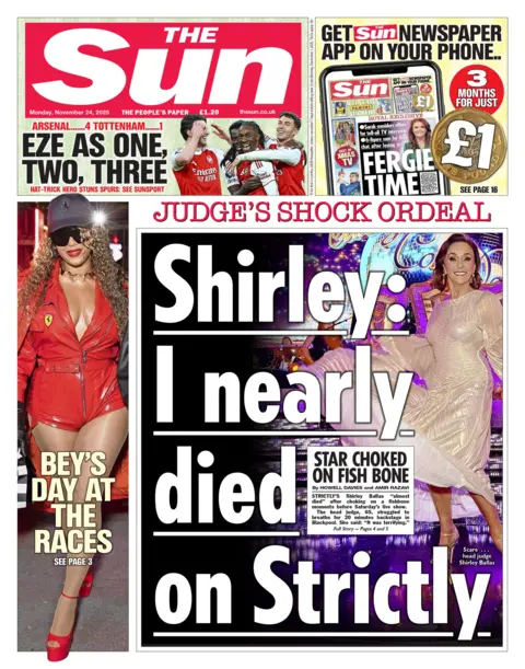 "Shirley: I nearly died on Strictly," reads the Sun's front page headline.