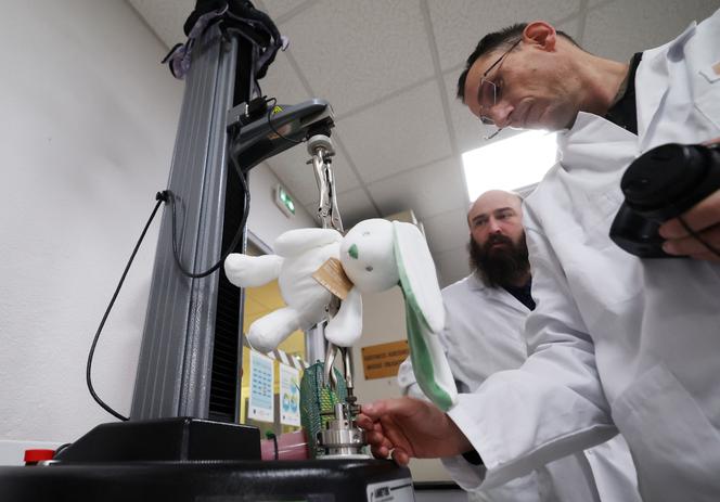 A technician from the Ministry of Economy's Directorate General for Competition, Consumer Affairs and Fraud Control (DGCCRF) stretched a stuffed toy to test the strength of its seams in a laboratory in Villeneuve-d'Ascq, France, on December 13, 2024.