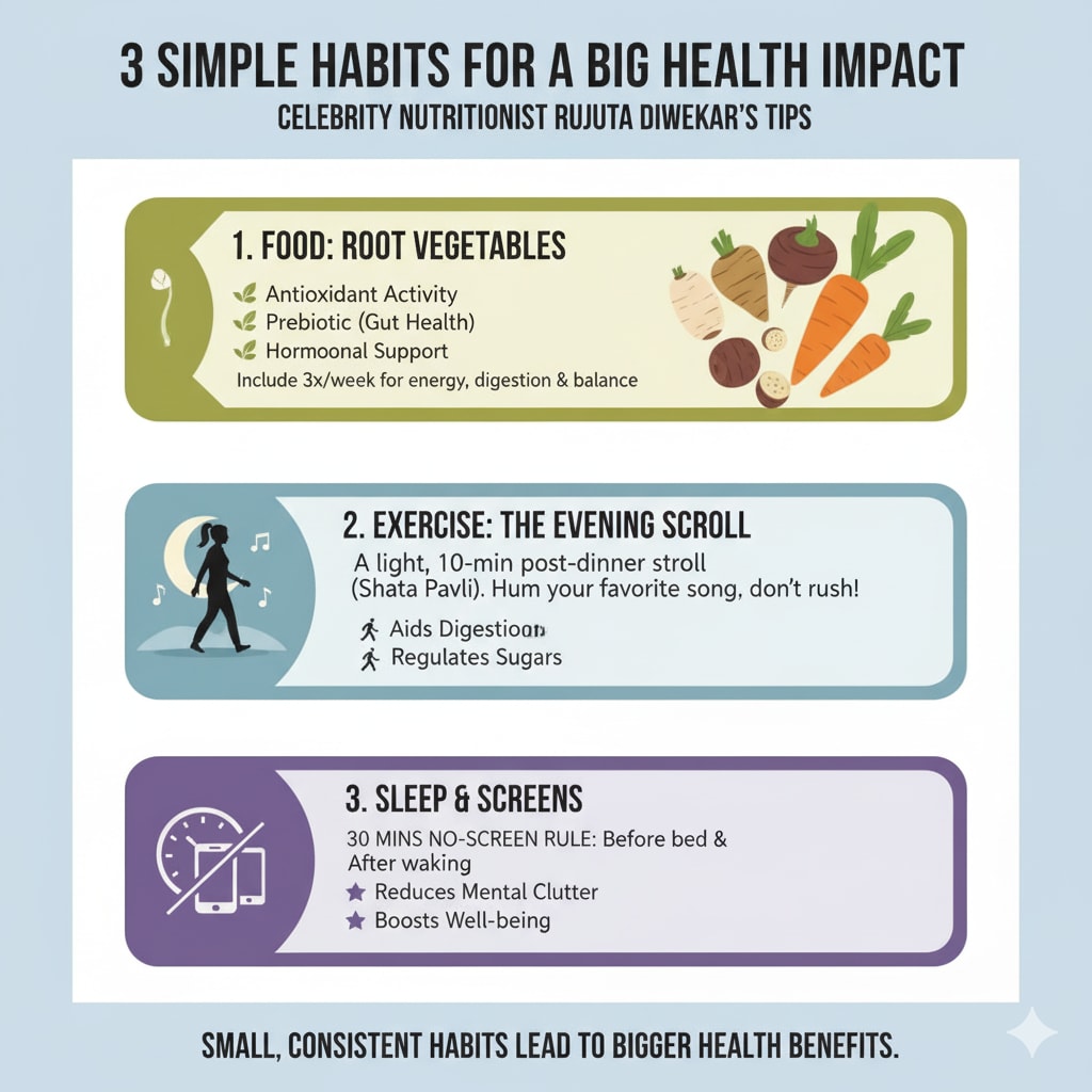 Rujuta Diwekar emphasises disconnecting from screens before bed and after waking, promoting mental well-being.(Google Gemini)