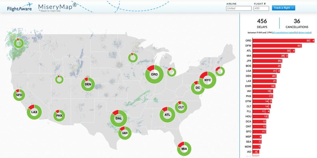 'Misery Map' Shows US Airport Flight Delays and Cancellations