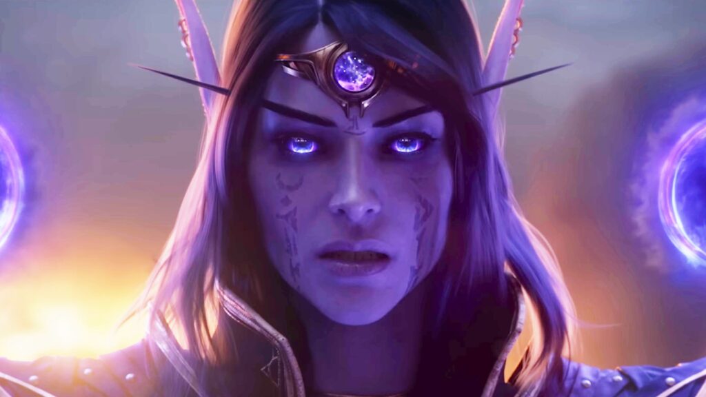 A screencap of the World of Warcraft: Midnight Gamescom 2025 Opening Night Live cinematic trailer. A dark-haired elf looks toward the viewer, her face covered in a violet hue.
