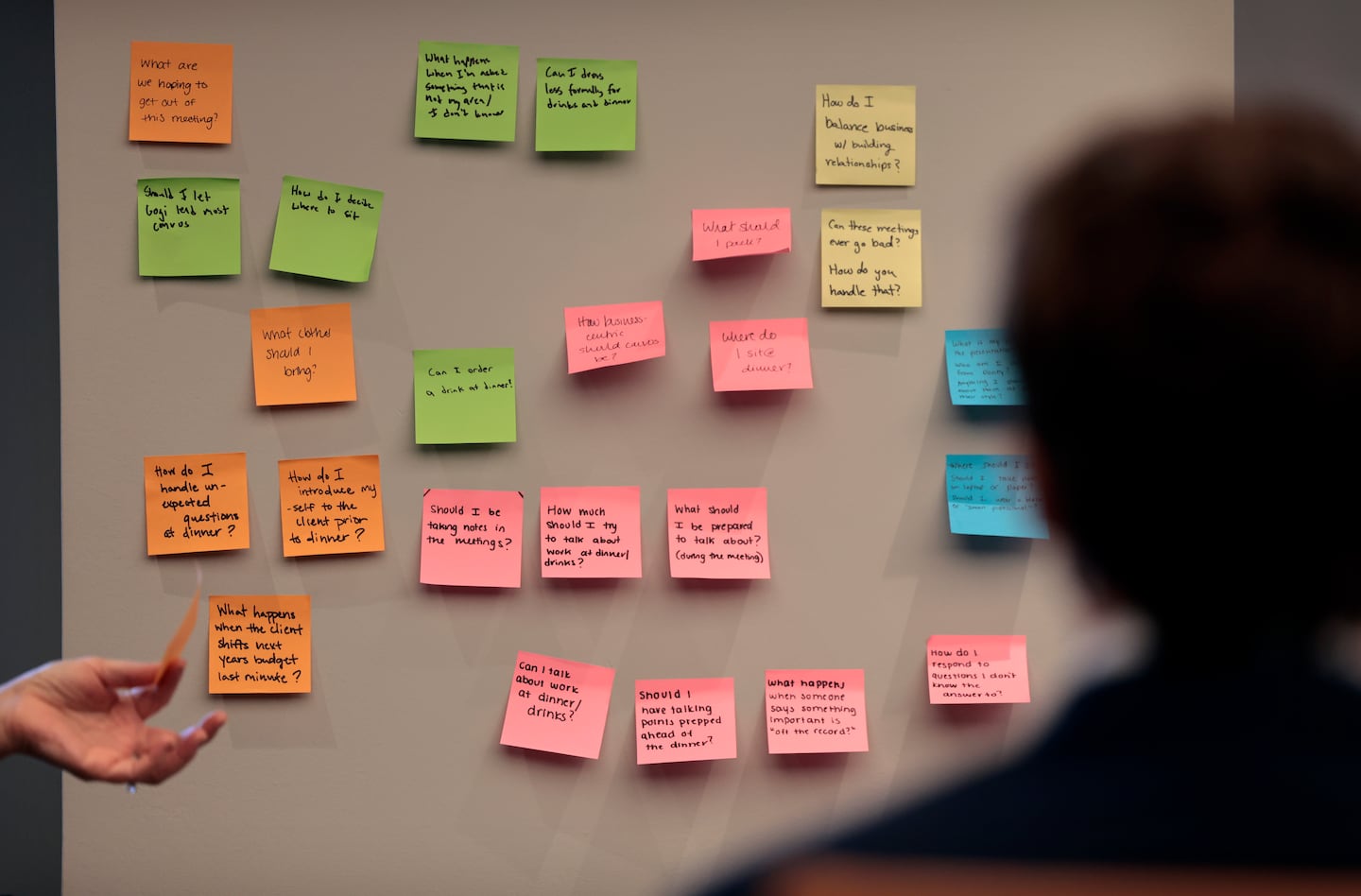 Staffers post questions about business travel and meeting etiquette during a training at Gupta Media.