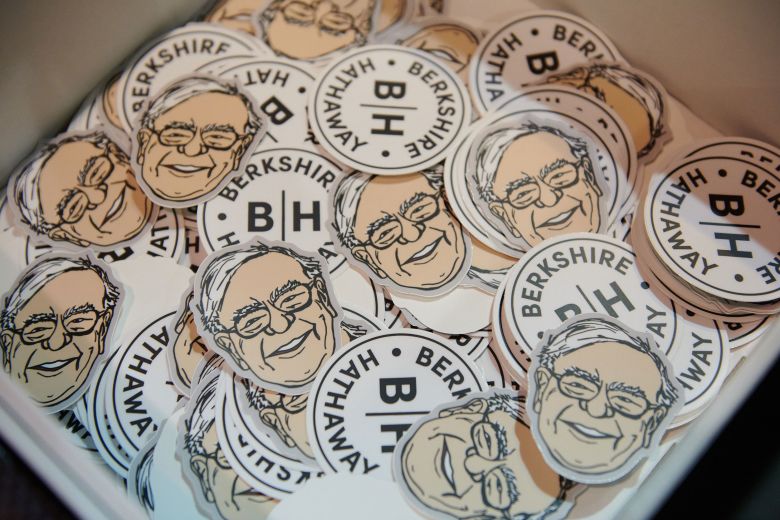 Berkshire-themed stickers on the exhibition floor at the Berkshire Hathaway annual shareholders meeting in Omaha, Nebraska, on Saturday, May 4, 2024.