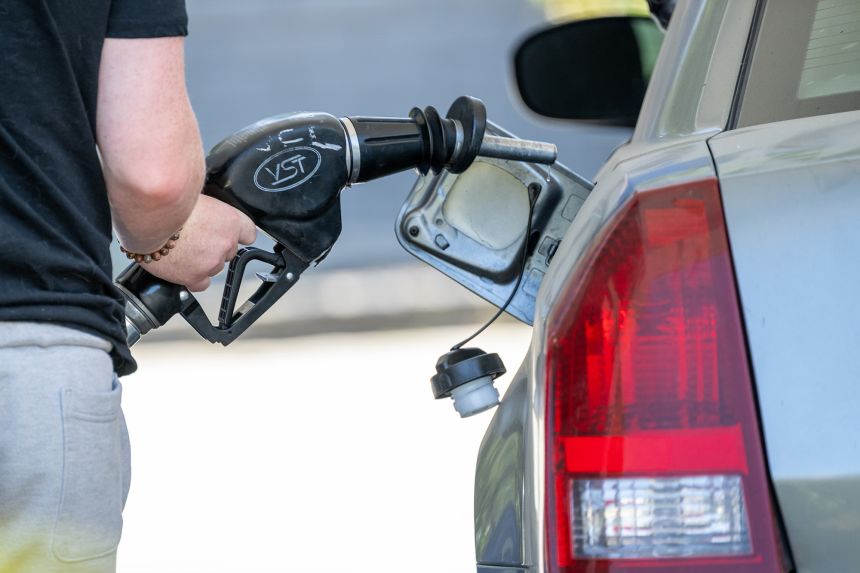 A driver refuels their vehicle at a Marathon gas station in Martinez, California, on June 30, 2025.