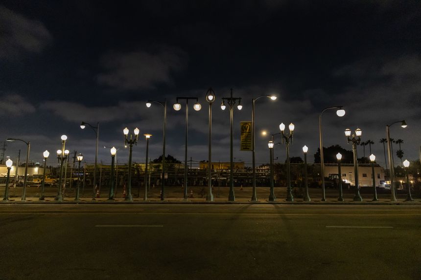 A cluster of Los Angeles’ historic streetlights stands outside the Bureau of Street Lighting near Virgil Avenue and Santa Monica Boulevard on October 6, 2025.