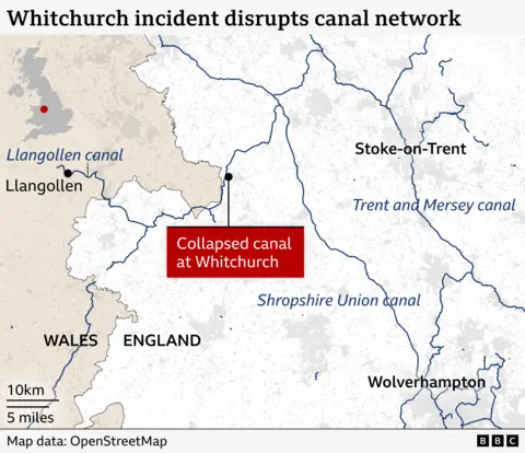 Map highlighting the location of the collapsed section of canal at Whitchurch between Stoke-on-Trent and Llangollen. The map shows the canal networks around Stoke-on-Trent and Wolverhampton and how the collapse has cut the sections in Wales off from the rest of the Shropshire Union canal system.