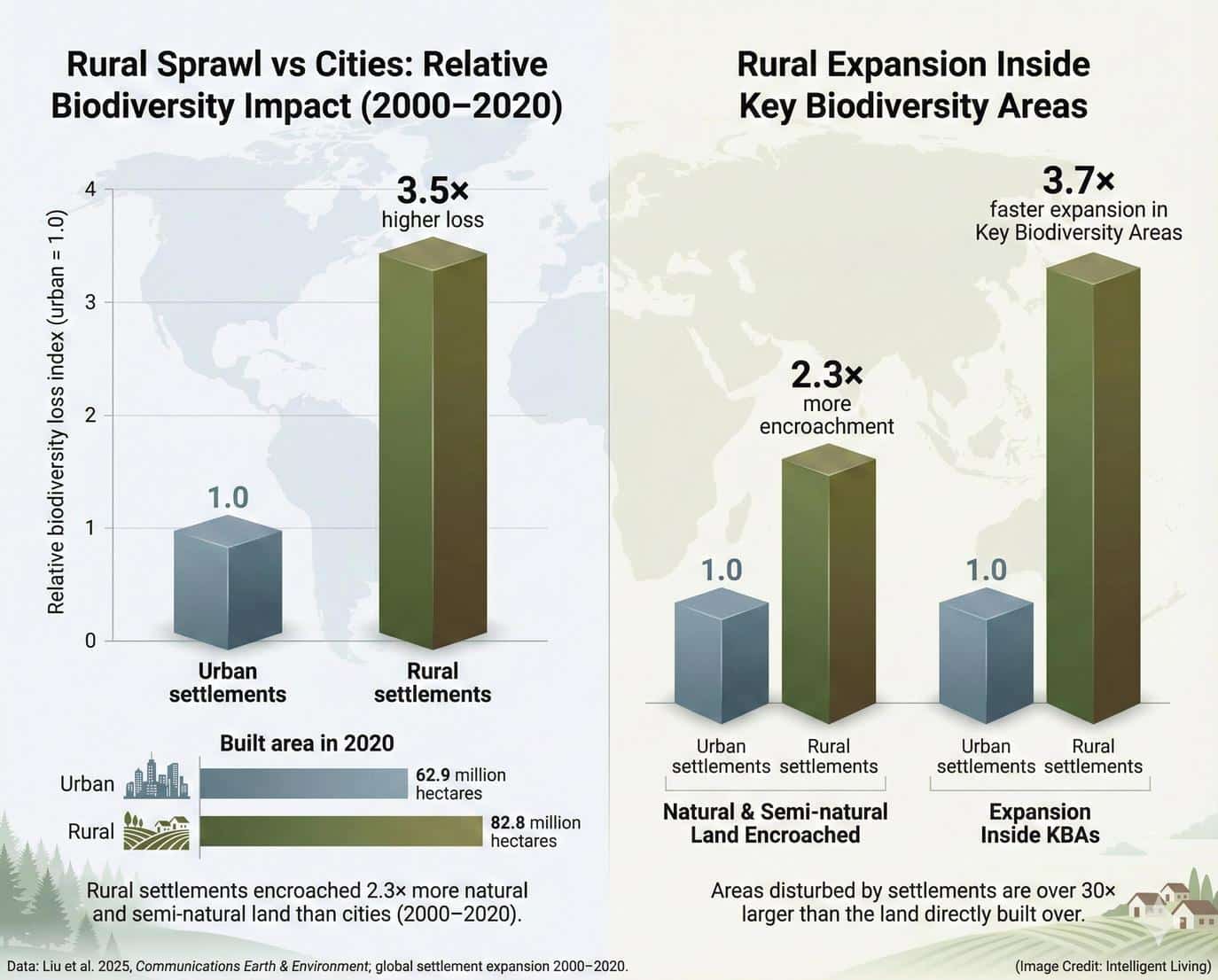 The Nature Communications Earth & Environment study measured these cumulative effects, showing that indirect disturbance from rural expansion impacts areas over 36 times larger than the physical footprint itself.