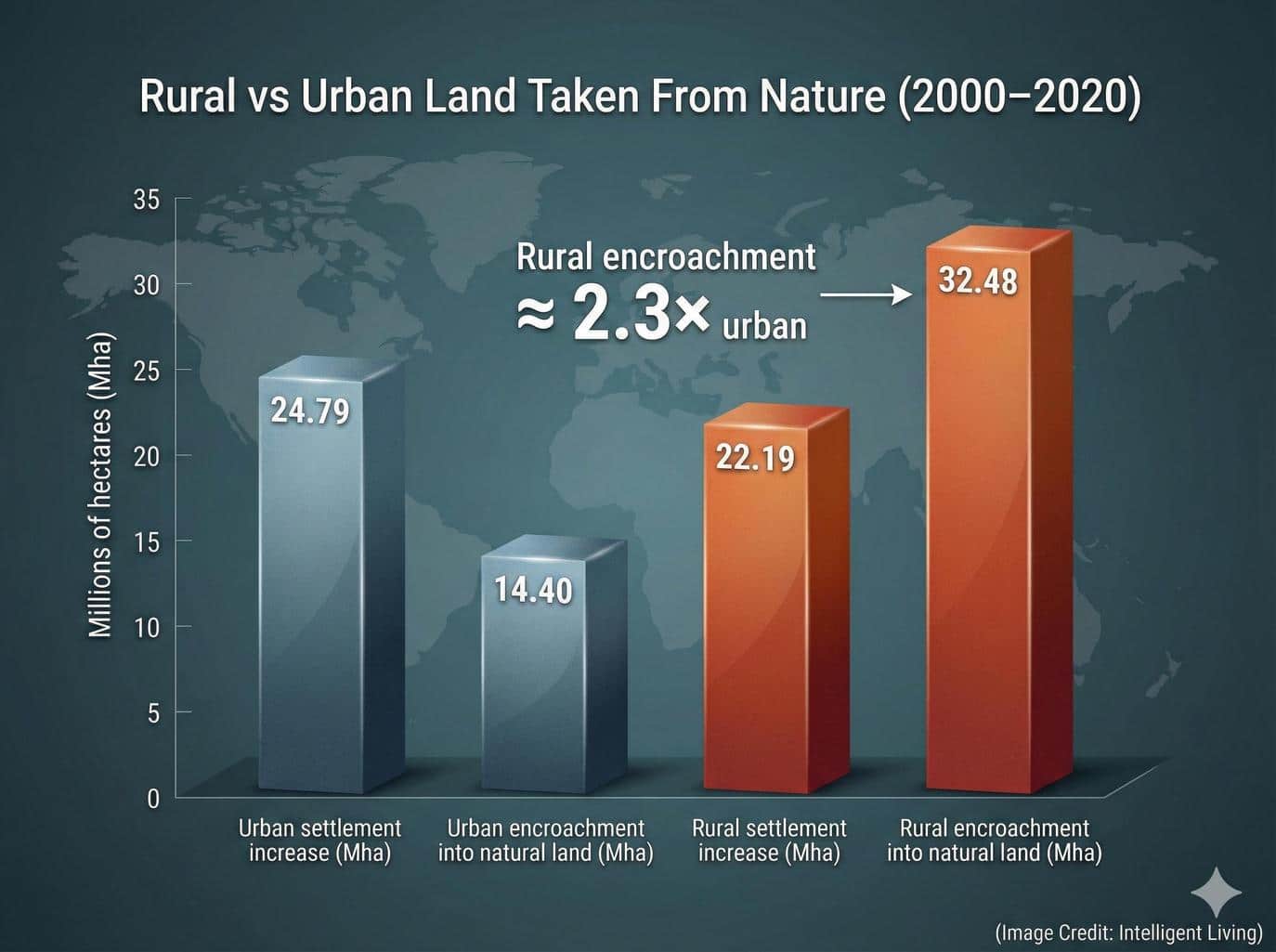 This diffuse pattern of growth explains why rural expansion inflicts greater damage on biodiversity than concentrated urbanization.