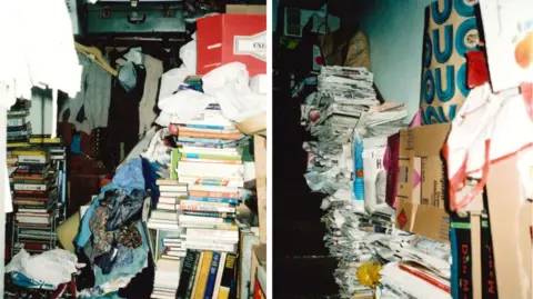 Handout A composite image showing two pictures side by side. On the left there is a small room with an open wardrobe, which is full of stacked books, piles of clothing and CDs. On the right there is a staircase with the right hand side full of tall piles of newspapers, cardboard boxes and bags.