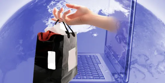 Hand reaching out of laptop holding shopping bag, globe overlay; 2025's Most Significant E-Commerce Privacy Litigation and Developments
