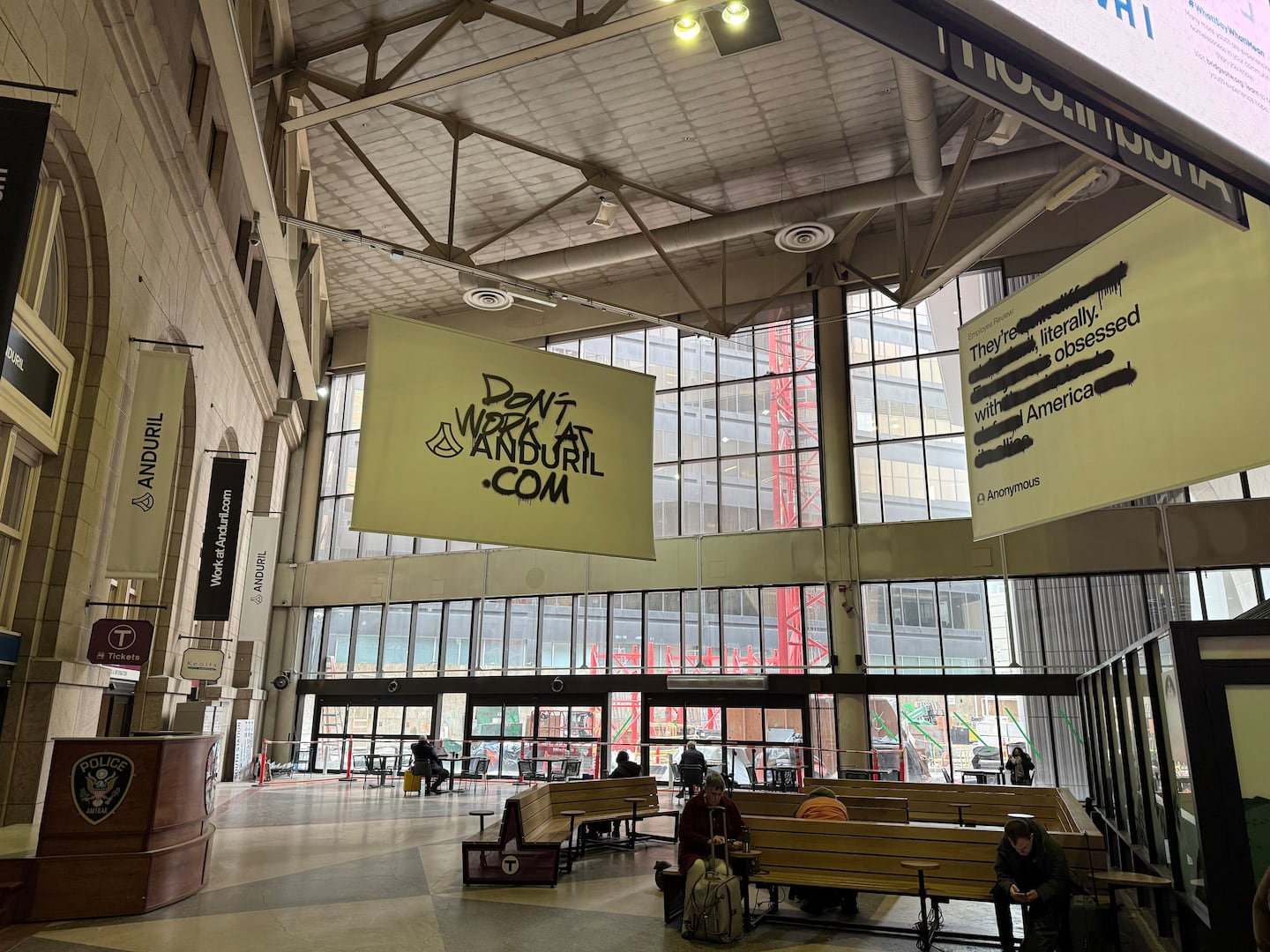 Southern California defense startup Anduril Industries plastered South Station with recruiting ads carrying the slogan "Don't work at Anduril.com.”