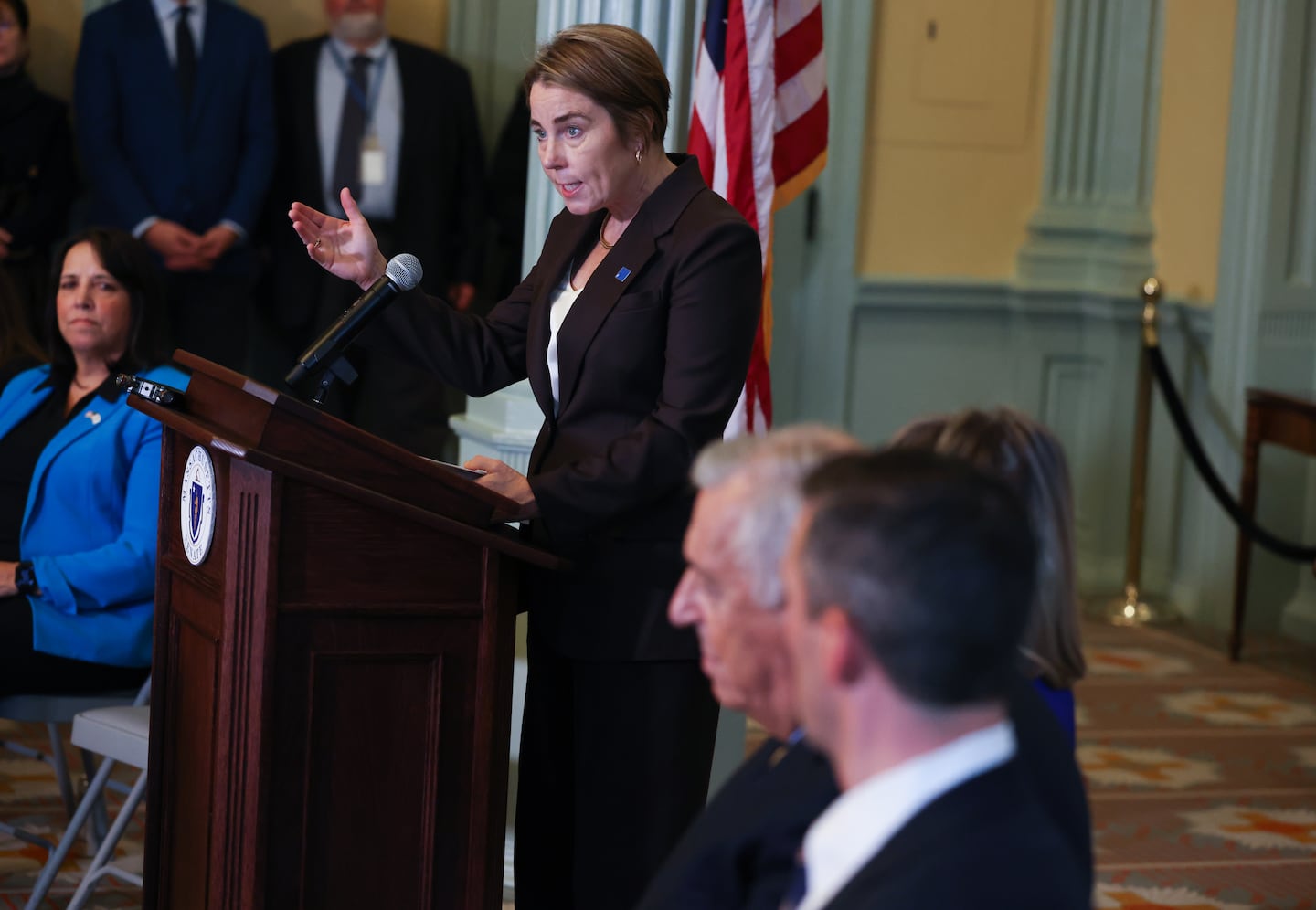 Governor Maura Healey is giving remarks on the  findings on the antisemitism commission a State House event on Dec. 17.  ( Jonathan Wiggs Globe /Staff )