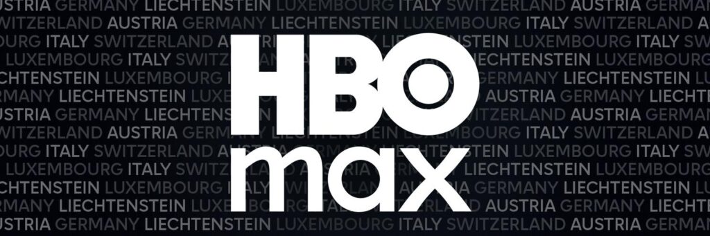 HBO Max logo with a background showing the names of European countries.