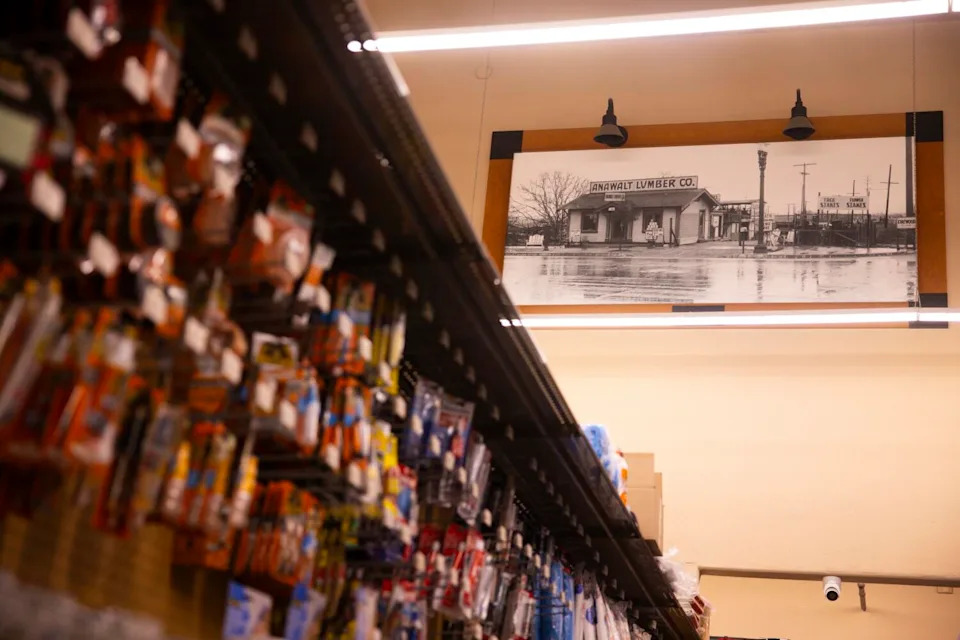 An archival image of the area in Pacific Palisades hangs over the aisles in Anawalt Palisades Hardware.