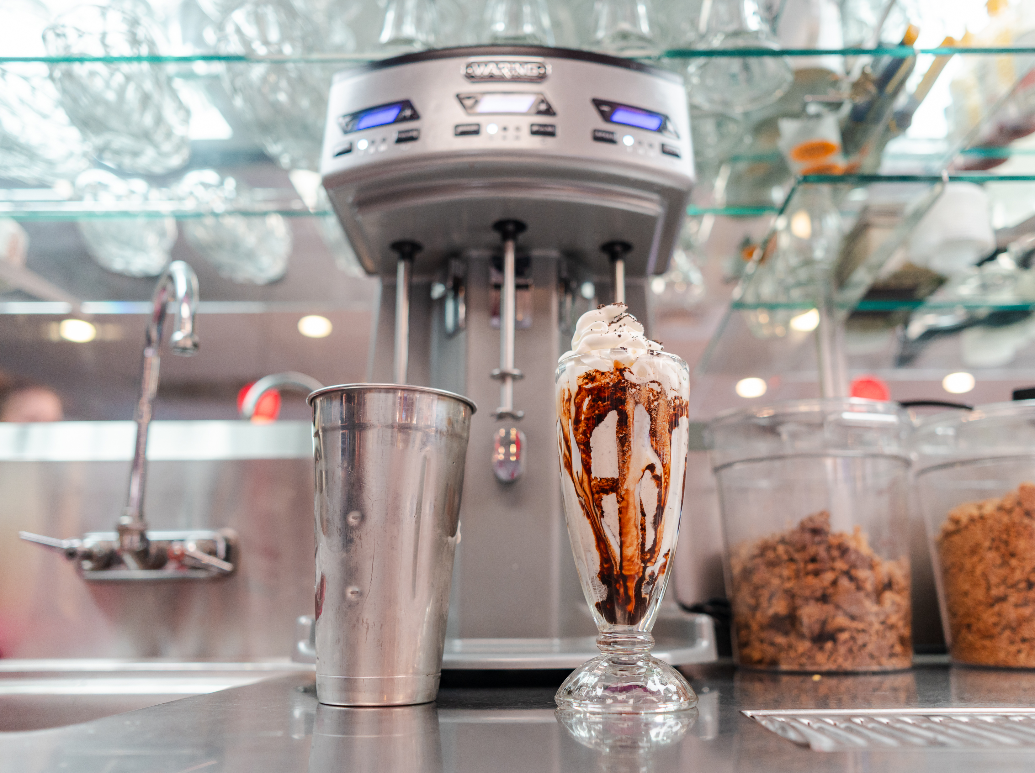 A milkshake sits on the counter at the Manheim Diner...