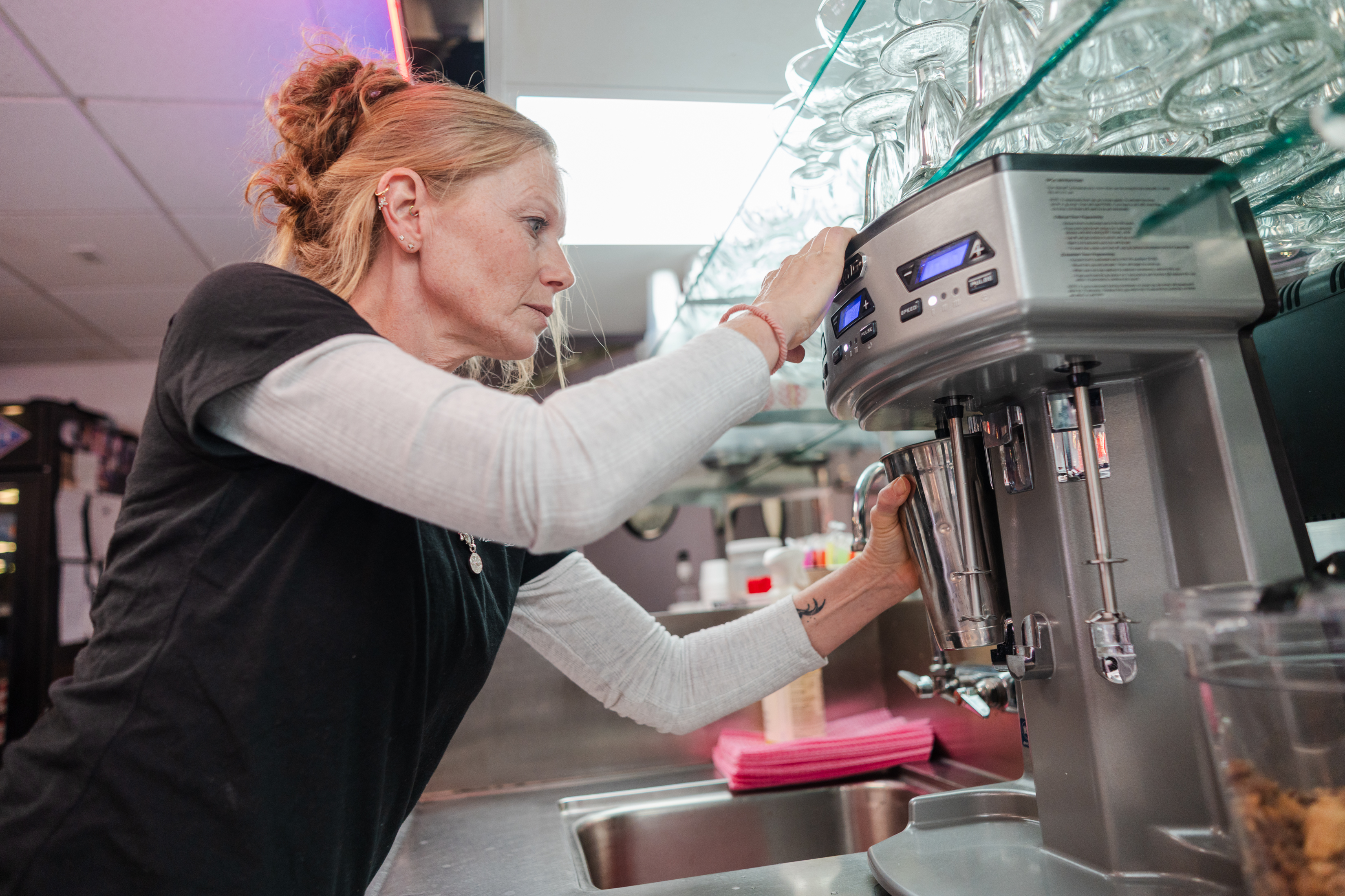Manager Terri Robertson prepares a milkshake at the Manheim Diner...