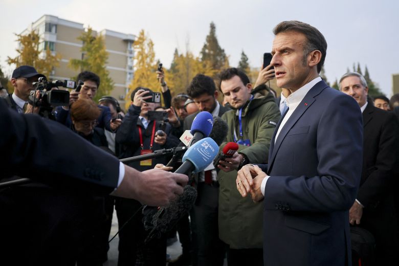 French President Emmanuel Macron, pictured outside Sichuan University in Chengdu, visited China in December.