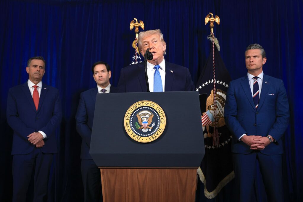 CIA Director John Ratcliffe, Secretary of State Marco Rubio, and Secretary of Defense Pete Hegseth stood behind President Trump as he addressed the media during a news conference at his Mar-a-Lago club on Jan. 3 in Palm Beach, Fla.