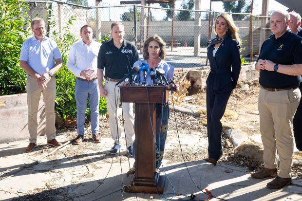 Fitness trainer, author, and television personality Jillian Michaels during a press conference after a roundtable with residents and business owners to discuss efforts to rebuild after the Palisades Fire in Pacific Palisades on Wednesday, February 4, 2026. (Photo by Hans Gutknecht, Los Angeles Daily News/SCNG)