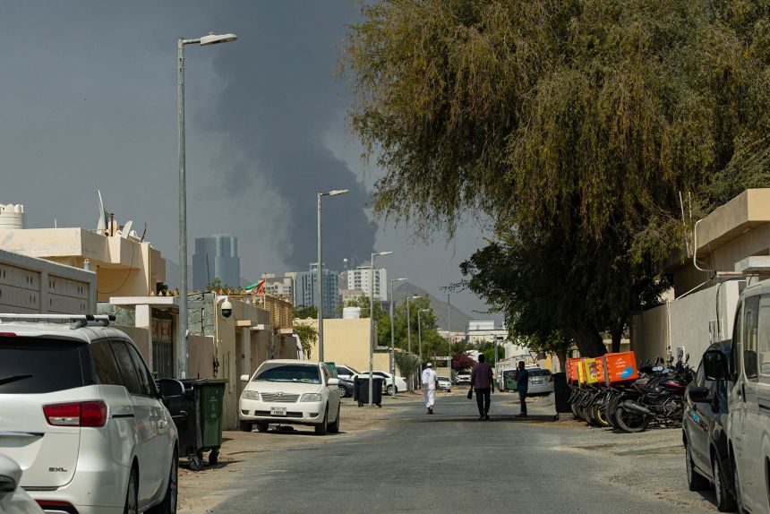 Smoke rises after an explosion in the industrial zone in Fujairah, United Arab Emirates, on Tuesday. Oil surged for a second day as the US and Israel stepped up their war against Iran, with a fire at a key storage hub in the United Arab Emirates underscoring the risk to energy supplies.