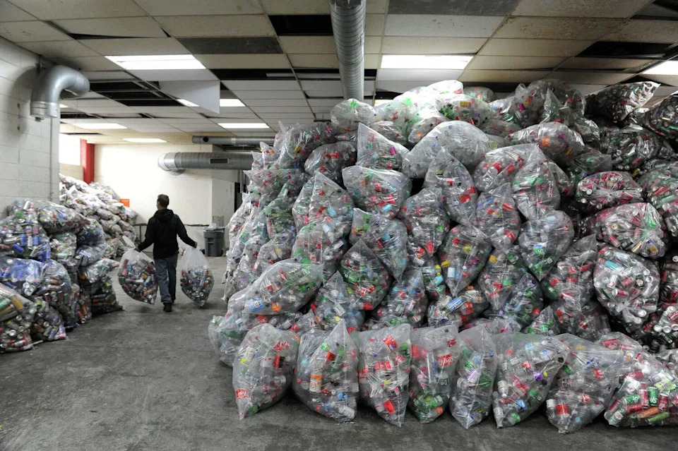 Sorted bags of redeemed recyclable cans and bottles inside Simple Bottle Return in Bridgeport photographed on March 6, 2026. (Arnold Gold/Hearst Connecticut Media)