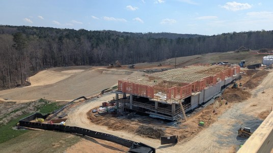 An aerial view of the ongoing construction of the Hawthorne building, which will be South Creek's initial for-sale townhomes. (Photo by Brighton McConnell/Chapel Hill Media Group.)